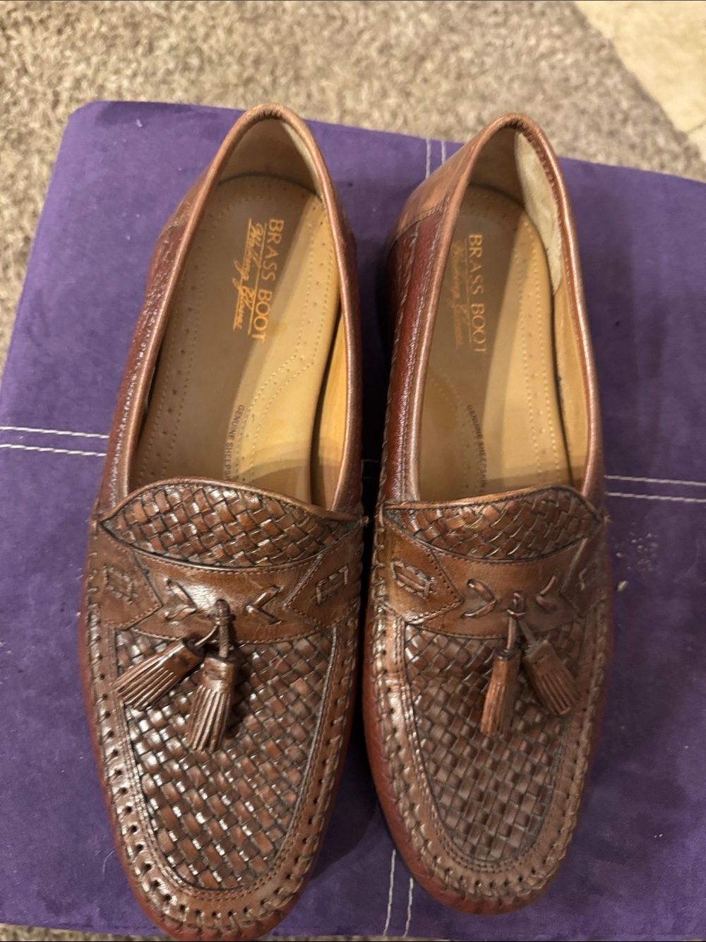 Brass Boot Men’s Brown Woven Leather Tassel Handmade Loafers Sz 10 M